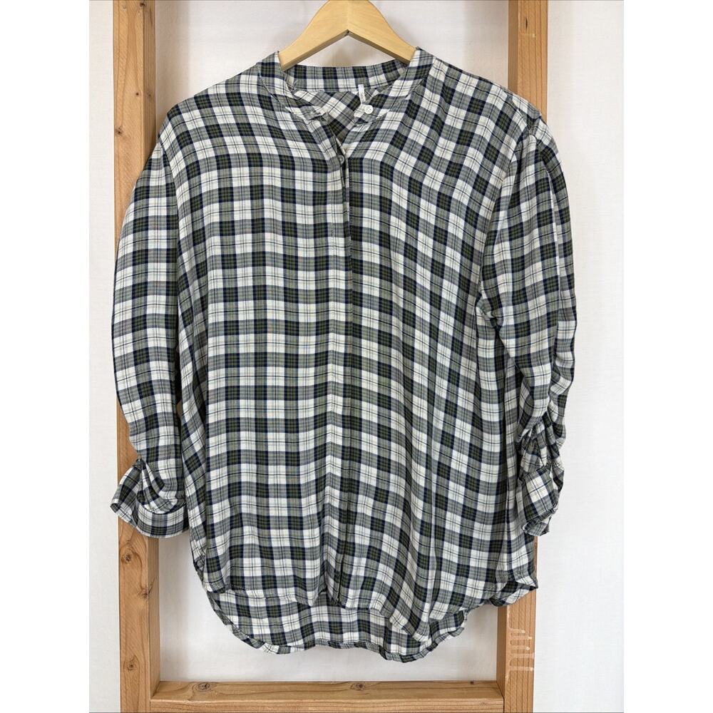 NWT Hello Nite Green Plaid Ruched Sleeve Button Up Top #1412 Size SMALl